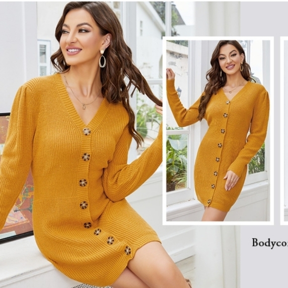 KOJOOIN Women's Button Down Ribbed Knit Slim Long Sleeve V Neck Sweater Dress M - Picture 2 of 12